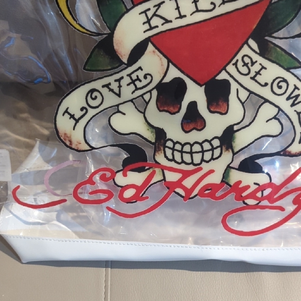 Ed Hardy White Tote Bag with Skull Graphic and Clear Body - Picture 2 of 6